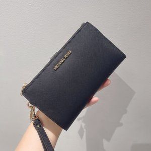 Michael Kors MK Jet Set Travel Lg Double Zip Leather Wristlet Black